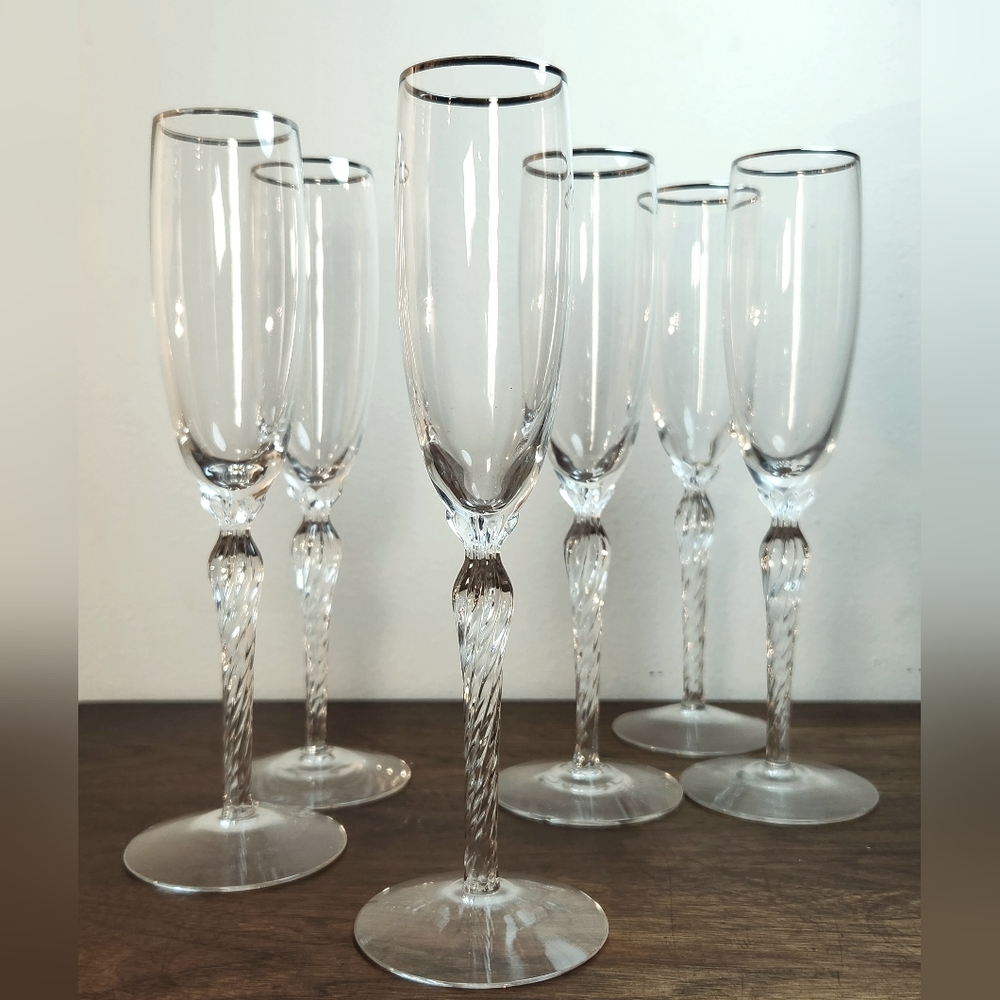 Vintage Lenox "Madison" Crystal Champagne Flutes With Platinum Trim - Set of Six